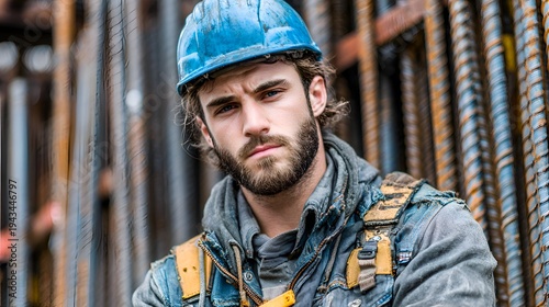 A handsome male construction worker wea a blue hard hat stands in front of rebar with a serious expression on his face looking at the camera.