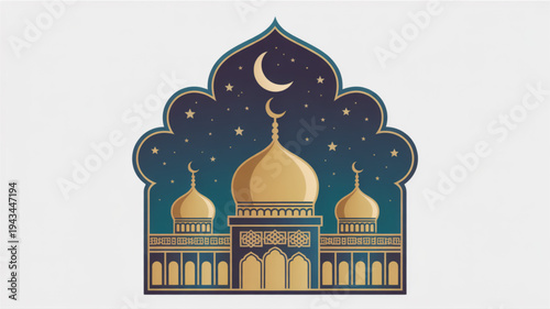 Serene Night Mosque Illustration with Golden Dome, Crescent Moon, and Stars over Urban Landscape