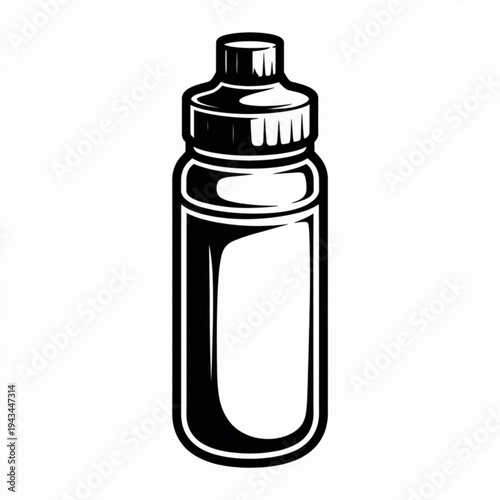Front view illustration of a simple black‑and‑white bottle with screw cap and nozzle, centered on plain white background for graphic use