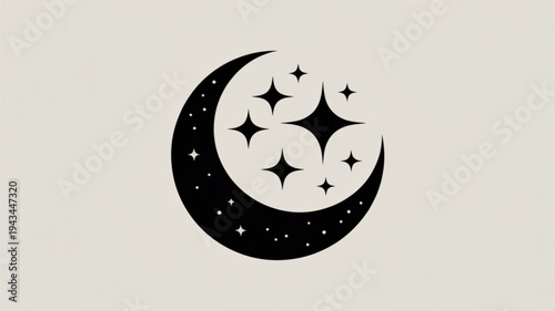 Centered View of a Black Crescent Moon with Crater Details Surrounded by Five Stars on Light Beige and White Background – Minimalist Illustration