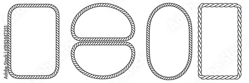 rope frames set of black string braided borders made of brush, rectangular a4 compatible round and oval shapes for decorative design, vector illustration isolated on white background.