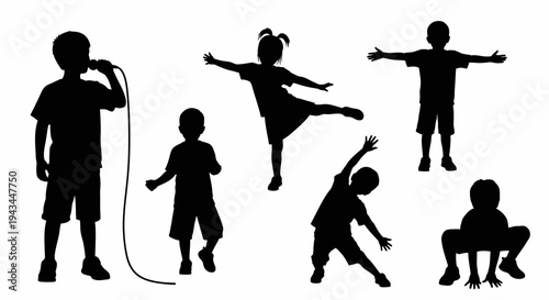 Children Silhouettes: Diverse Activities - Singing, Dancing, Exercising, Playing