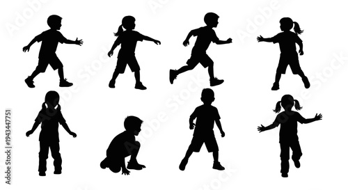 Children Silhouettes: Diverse Actions and Poses of Kids Playing Outdoors