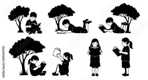 Children reading books under trees, silhouette style, diverse ages and poses, promoting education and imagination.