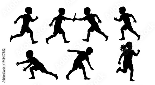 Children Running Silhouettes: Relay Race, Sports, Childhood Activities, Outdoor Fun