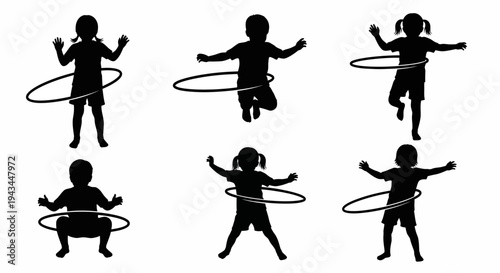 Children Silhouette Hooping Fun: Six Kids Active Play with Hula Hoops