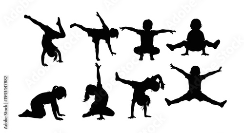 Children Silhouette Gymnastics Poses Set: Kids Yoga, Dance, Acrobatics, Fitness, Play