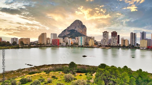 Calpe aerial view with Penon de Ifach and marina at sunset, Costa Blanca, Alicante, Spain