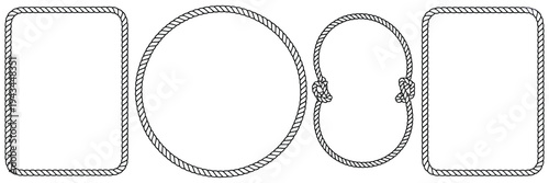 rope frames set of string borders made of brush, rectangular a4 compatible round and oval shapes for decorative sea and nautica design, vector illustration isolated on white background.