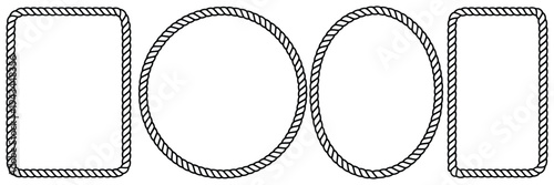 rope frames set of string borders made of brush, rectangular a4 compatible round and oval shapes for decorative sea and nautica design, vector illustration isolated on white background.