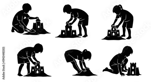 Children Silhouettes Building Sandcastles on Beach