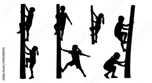 Children Silhouettes Climbing Trees: Active Kids Outdoor Play and Childhood Fun