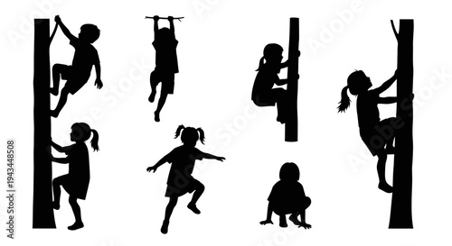 Children Silhouettes Climbing Trees and Playing Outdoors