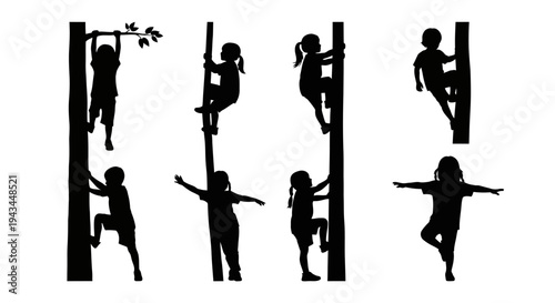 Children Silhouettes Climbing Trees, Outdoor Activity, Playful Kids, Summer Fun, Silhouette Art