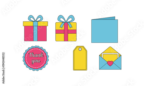 Colorful gift icons including presents cards and thank you notes