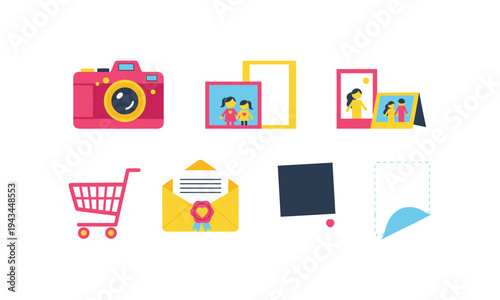 Colorful illustration depicting photography mail and shopping related icons