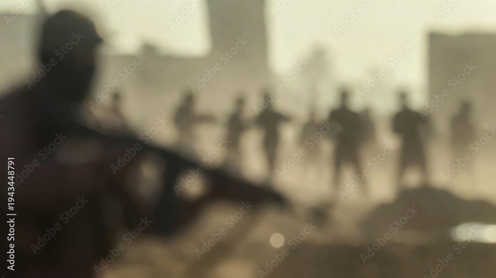 Fototapeta premium Soldiers advancing through dusty battlefield during blurred combat, depicting conflict, violence, and war