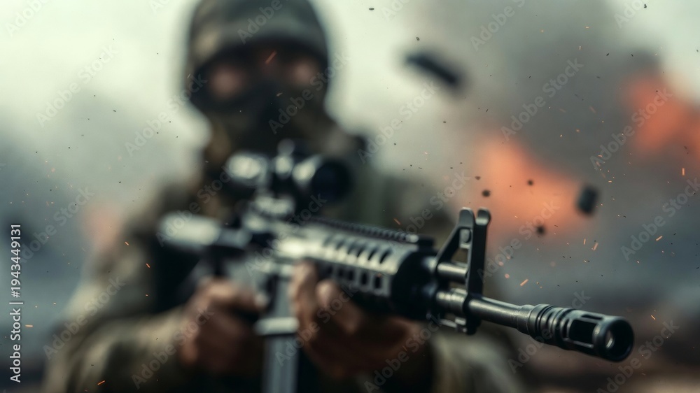 Fototapeta premium Soldier firing assault rifle in combat zone with smoke and explosions creating chaos and danger