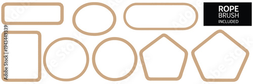 rope frames set of string borders made of brush, rectangular round oval square and hexagon shapes for decorative sea and nautical design, vector illustration isolated on white background.
