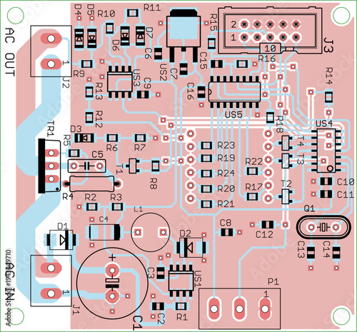 Vector printed circuit board of electronic 
device with components of radio elements, 
conductors and contact pads placed on pcb. 
Engineering technical drawing. Electric background.