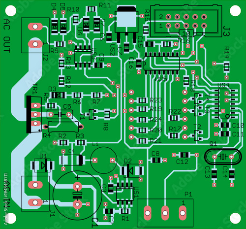 Vector printed circuit board of electronic 
device with components of radio elements, 
conductors and contact pads placed on pcb. 
Engineering technical drawing. Electric background.