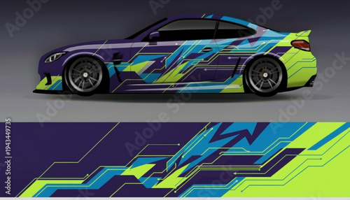 Custom car wrap design featuring vibrant geometric patterns in purple, lime green, and blue, with a futuristic digital aesthetic.