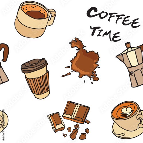 Seamless coffee pattern with hand-drawn moka pot, cappuccino cups, takeaway coffee, chocolate, and coffee splashes. Vector tileable background for cafe branding, wrapping paper, and textile design.