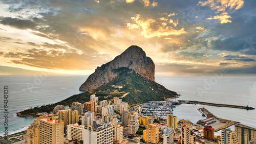 Calpe aerial view with Penon de Ifach and marina at sunset, Costa Blanca, Alicante, Spain