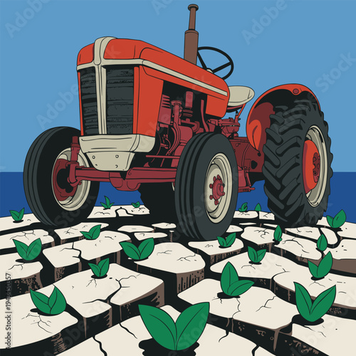 Tractor working on dry farmland during drought conditions. Agriculture illustration showing tractor working on drought affected farmland.
