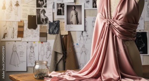 Dressmaker mannequin with pink silk fabric draped on it. Fashion designer studio workspace with creative sketches and inspiration mood board. Garment construction and tailoring craft.