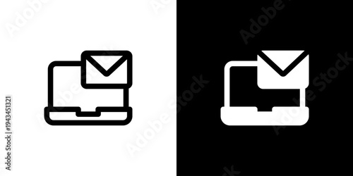 Laptop Email Service icon concept with flat Black White Background. Vector illustration.