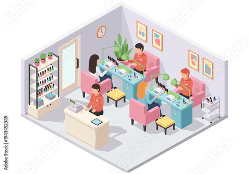 Isometric nail salon interior with clients receiving manicures and staff at reception