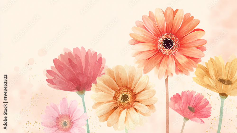Fototapeta premium Elegant wedding invitation card background . Minimal hand painted watercolor Gerbera flowers texture template background. Design for wedding, vip cover, poster, p moderncard .Valentine's Day