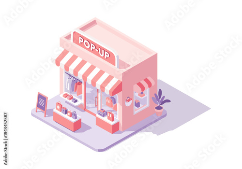 Isometric pop-up shop with clothing and bags displayed, modern retail concept