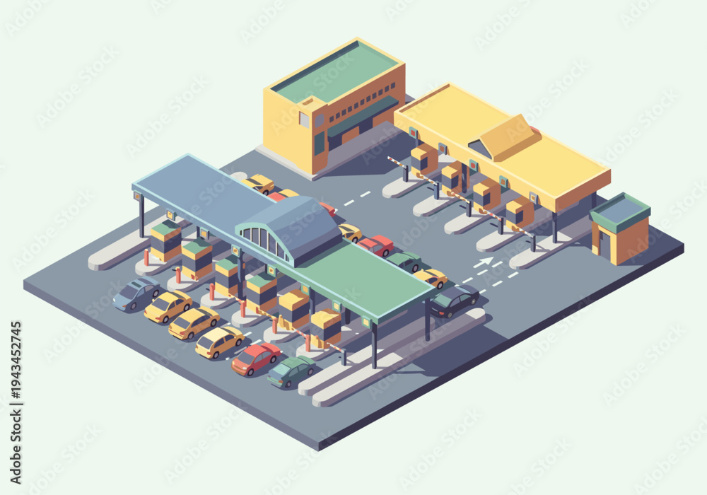 Fototapeta premium Isometric view of a busy toll booth plaza with cars queuing in traffic lanes