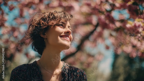Smiling Woman in Floral Dress Outdoors