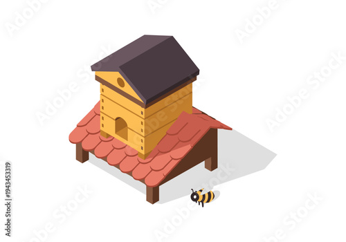 Isometric illustration of a bee hive on a tiled roof with a single bee nearby