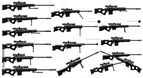 Collection of Sniper Rifles with Scopes, Isolated on White Background - Vector Illustrations