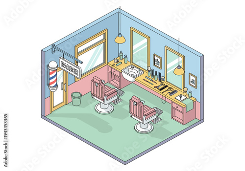Isometric barber shop interior with two chairs, barber pole, and grooming tools displayed