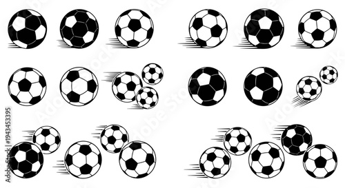 Collection of Soccer Balls in Motion, Black and White Graphics