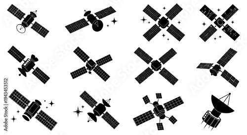 Collection of Stylized Satellite Icons in Black and White