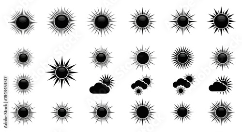 Collection of Stylized Sun Icons and Symbols, Black and White, Vector Graphics