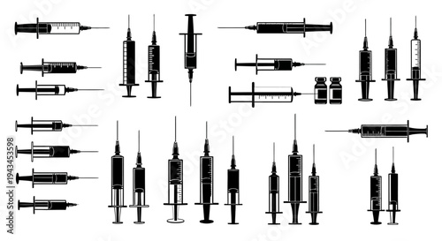 Collection of Syringes and Vials: Medical Equipment, Healthcare, and Vaccination Icons