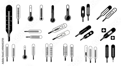 Collection of Thermometer Icons: Digital and Mercury Types, Medical and Weather