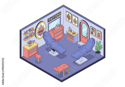 Isometric tattoo studio interior with two chairs, equipment, and artwork on walls