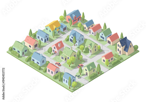 Isometric view of a suburban neighborhood with colorful houses and trees on a white background