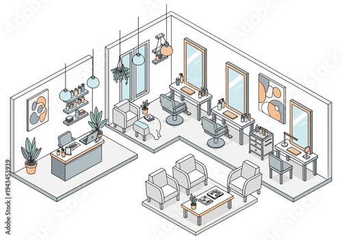 Isometric view of a modern hair salon interior with styling stations and reception area