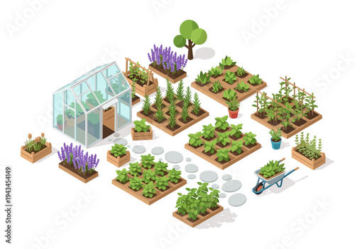 Isometric garden with greenhouse, vegetables, herbs, and lavender in wooden beds