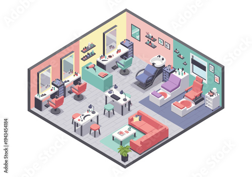 Isometric beauty salon interior with stations for hair, nails, and pedicures