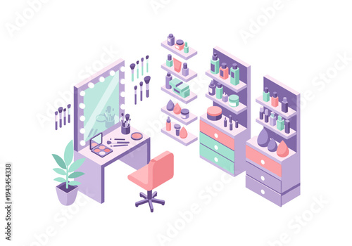 Isometric makeup vanity with mirror, chair, shelves, and beauty products